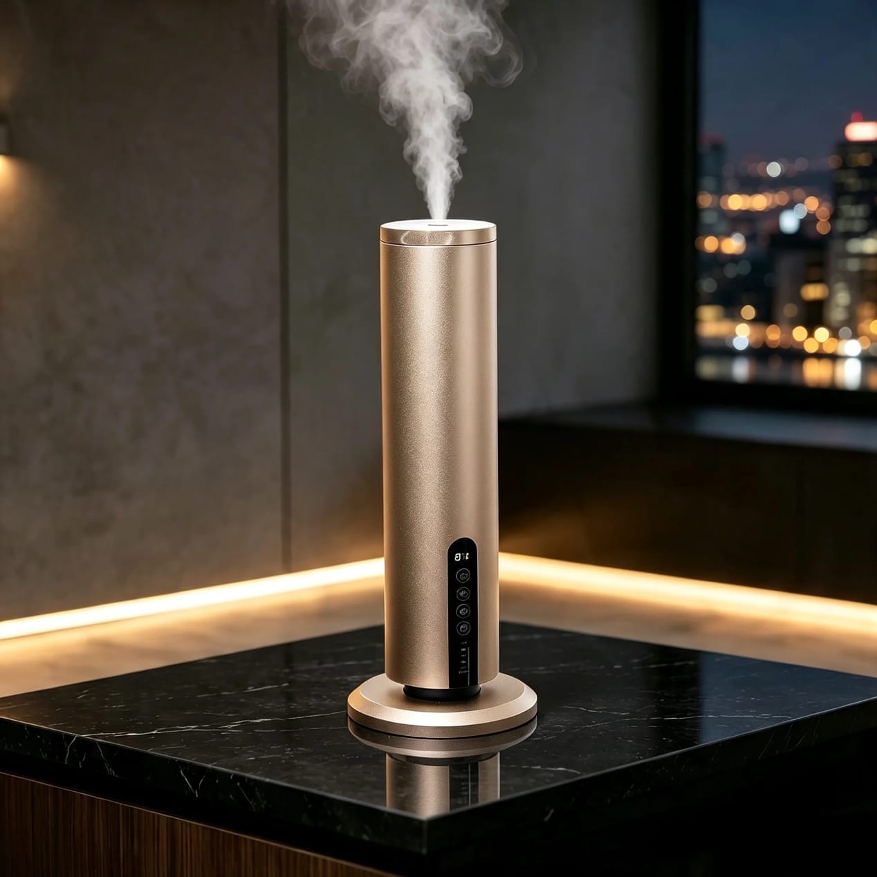 Diffuseur Colonne champagne sur un marbre noir, vue nocturne sur la ville