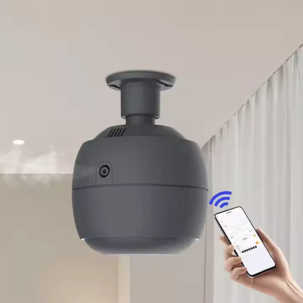 Diffuseur Halo fixé au plafond, piloté depuis un smartphone
