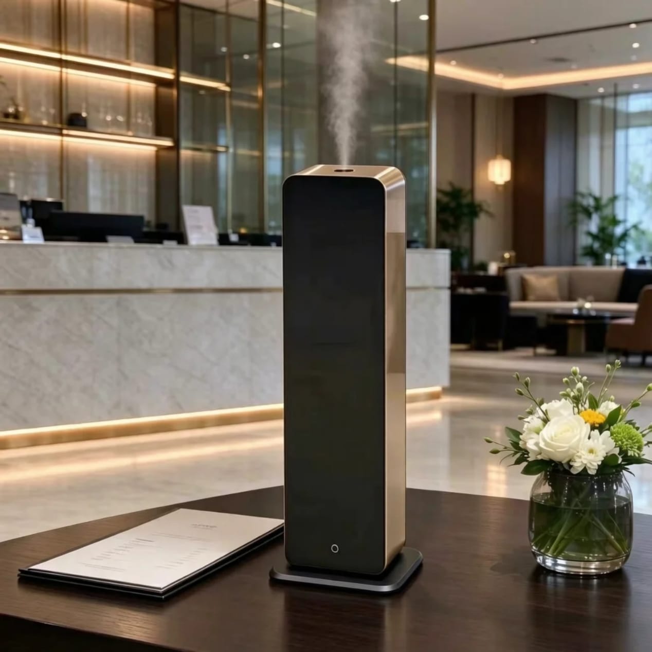 Diffuseur Monolithe sur un comptoir, lobby d’hôtel en marbre et laiton